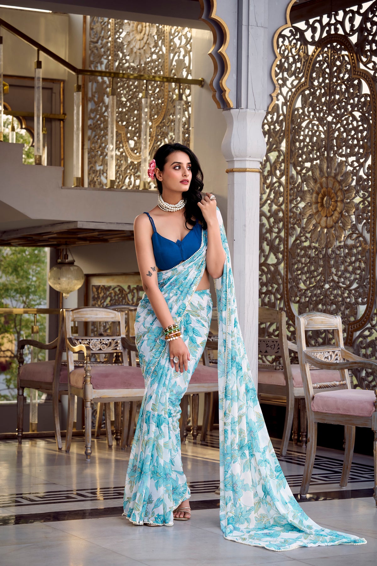 Moonga Silk Sky Blue Daily Wear Floral Print Saree