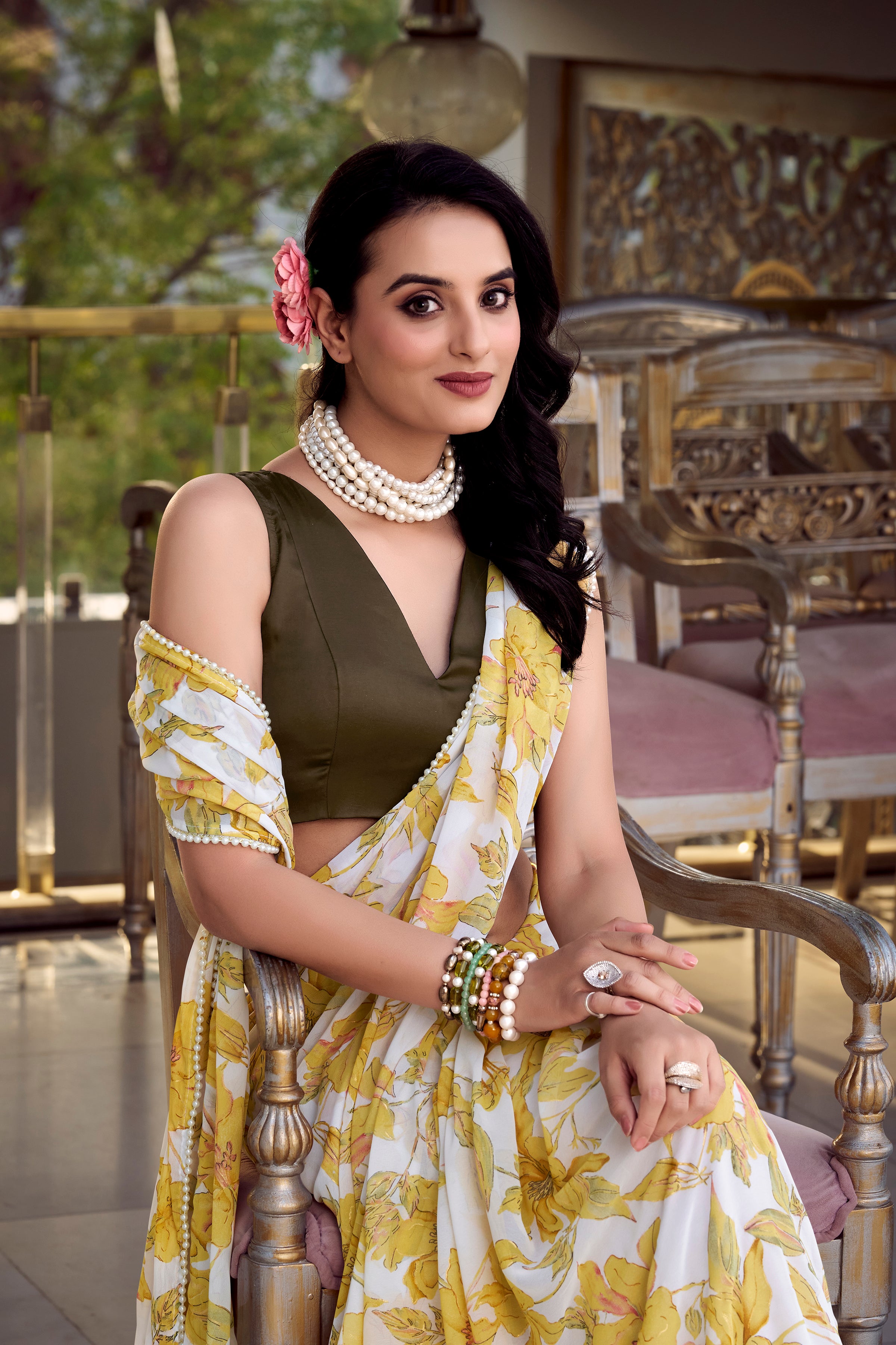 Yellow marbal foral printed saree
