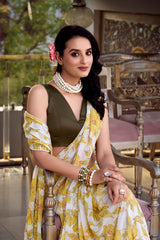 Yellow marbal foral printed saree