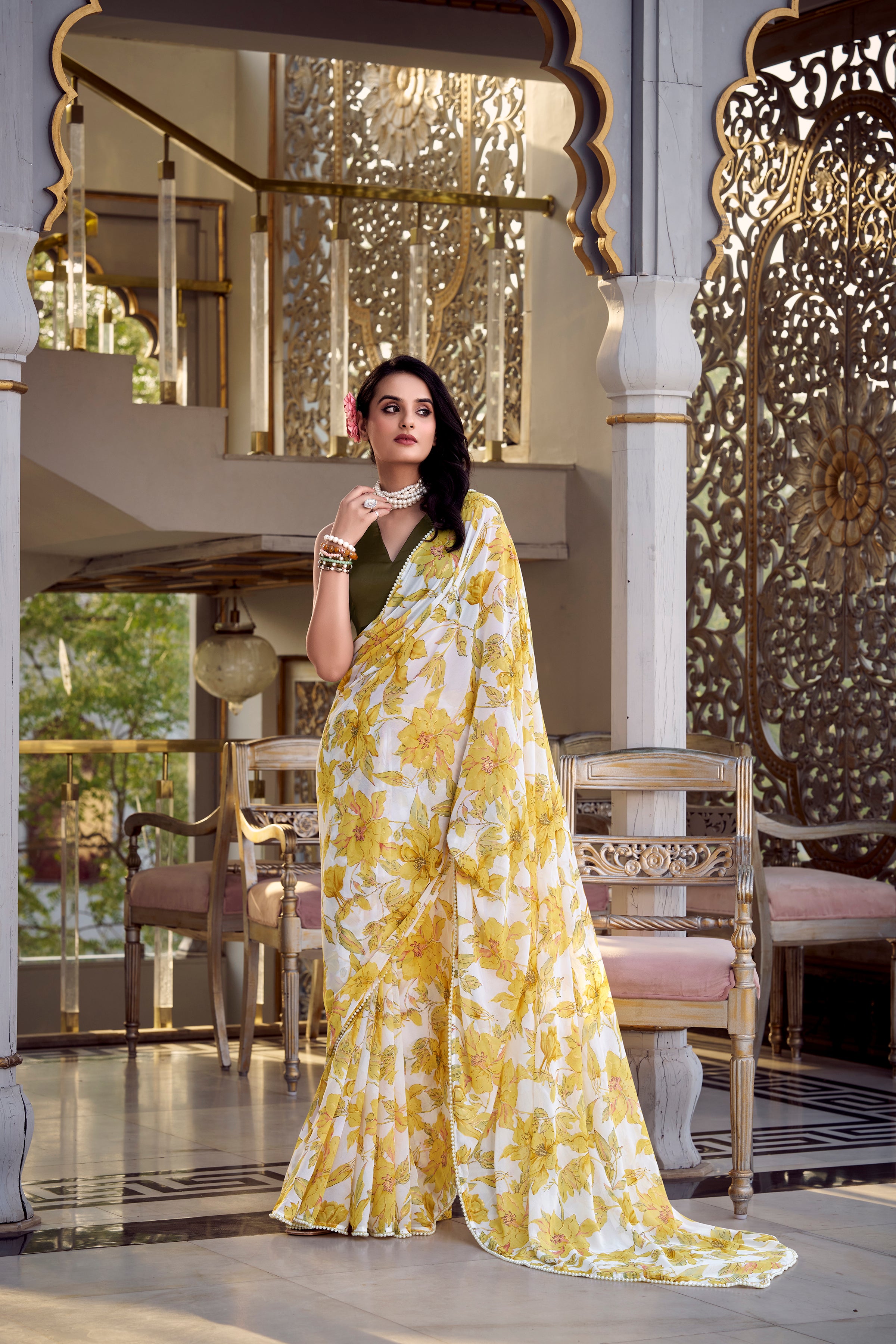 Yellow marbal foral printed saree