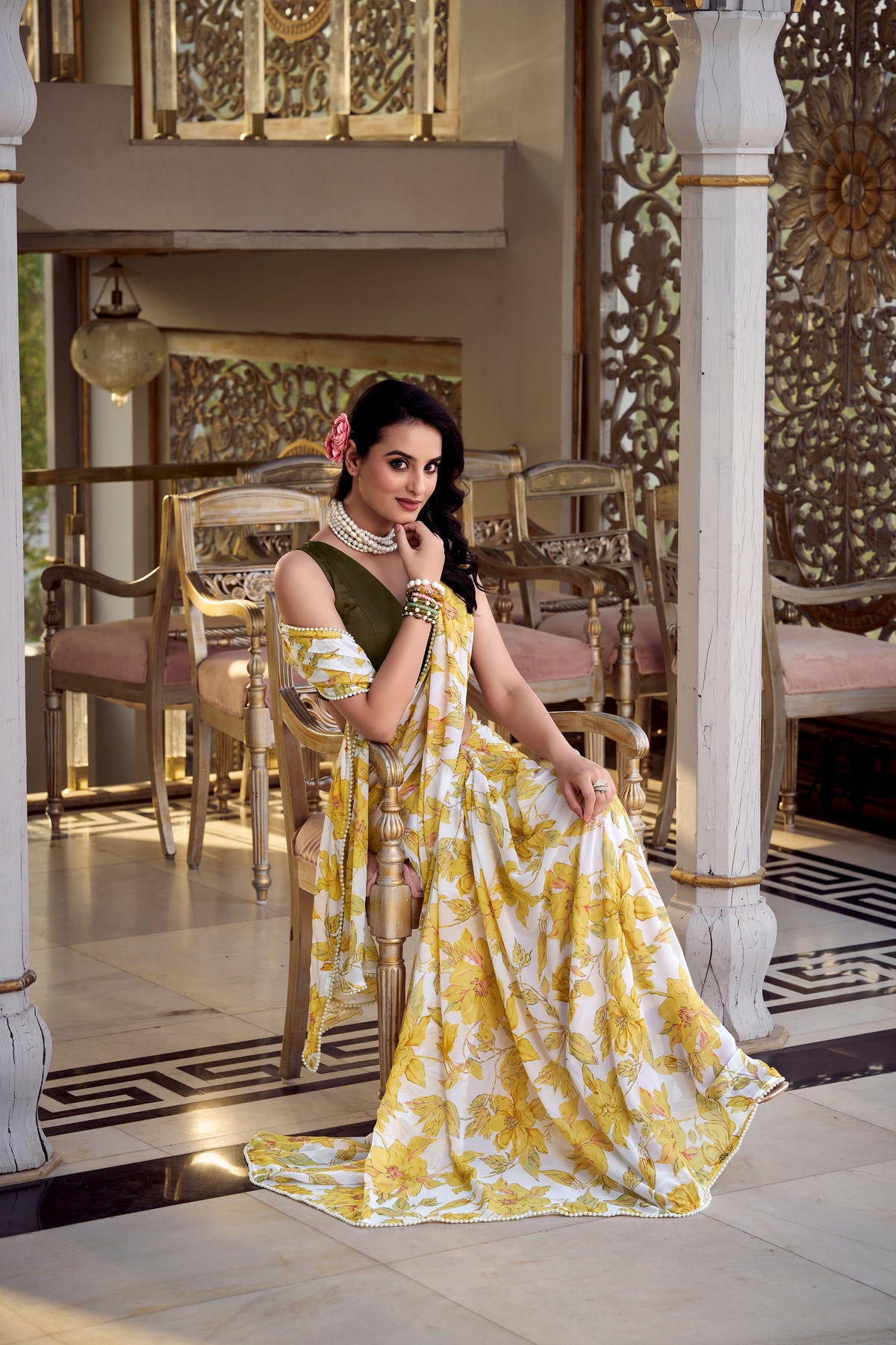 Yellow marbal foral printed saree