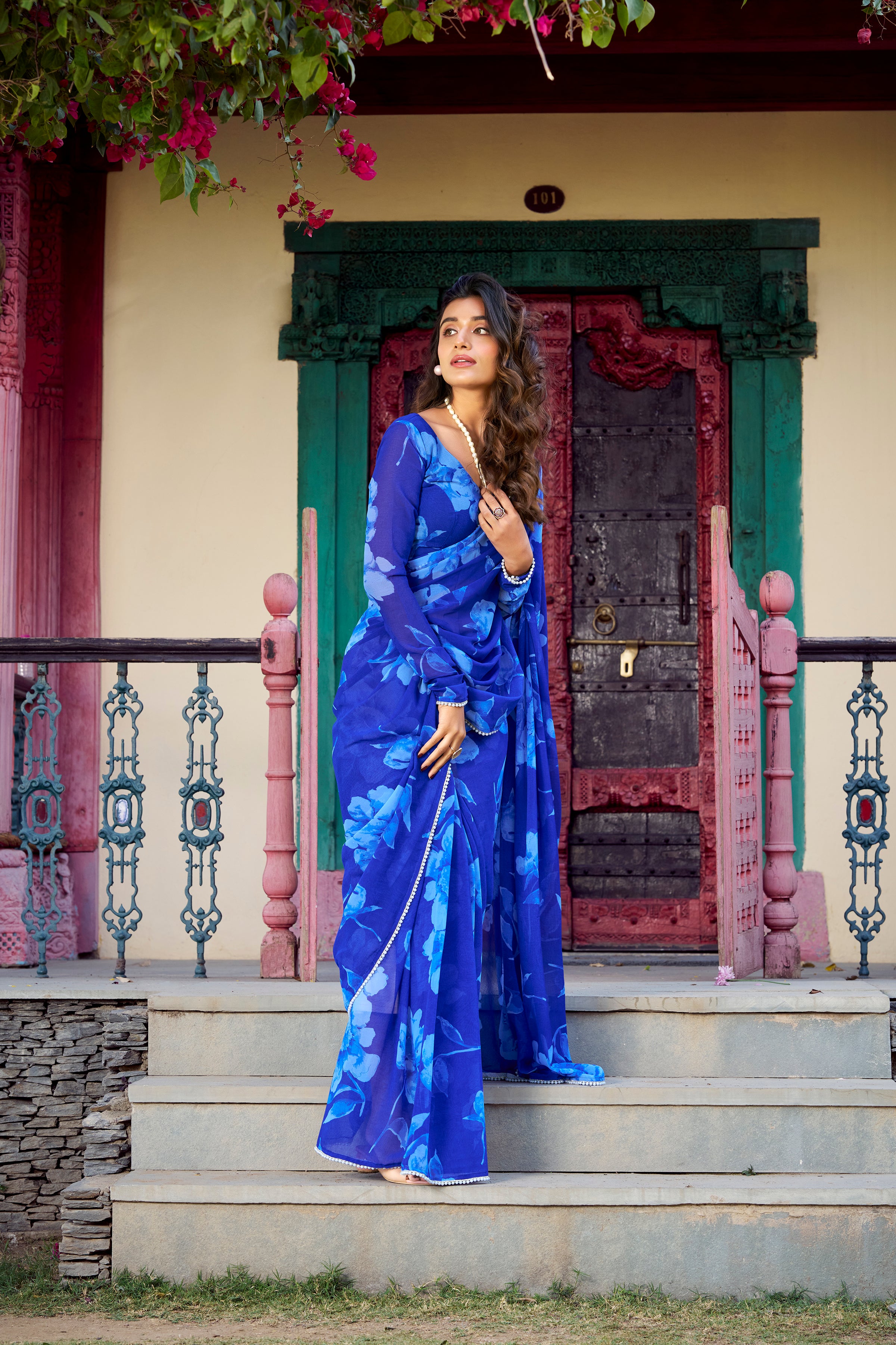 Chiffon Classic Designer Saree in Blue Enhanced with Floral Print