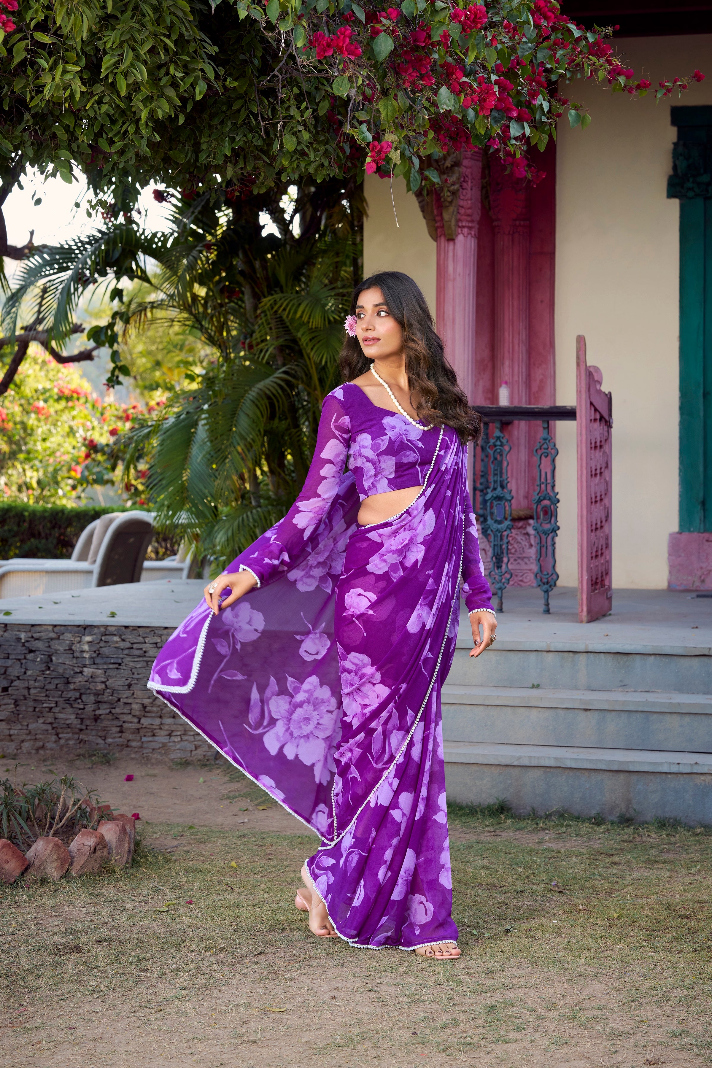 Purple Chiffon Floral Printed & Pearl Lace Border Saree