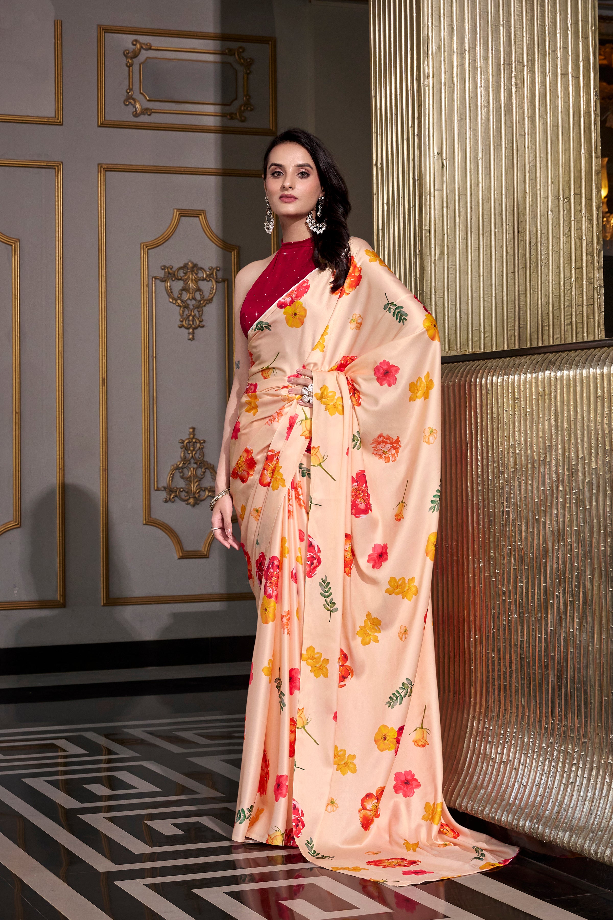 Cream Satin Silk Printed Saree