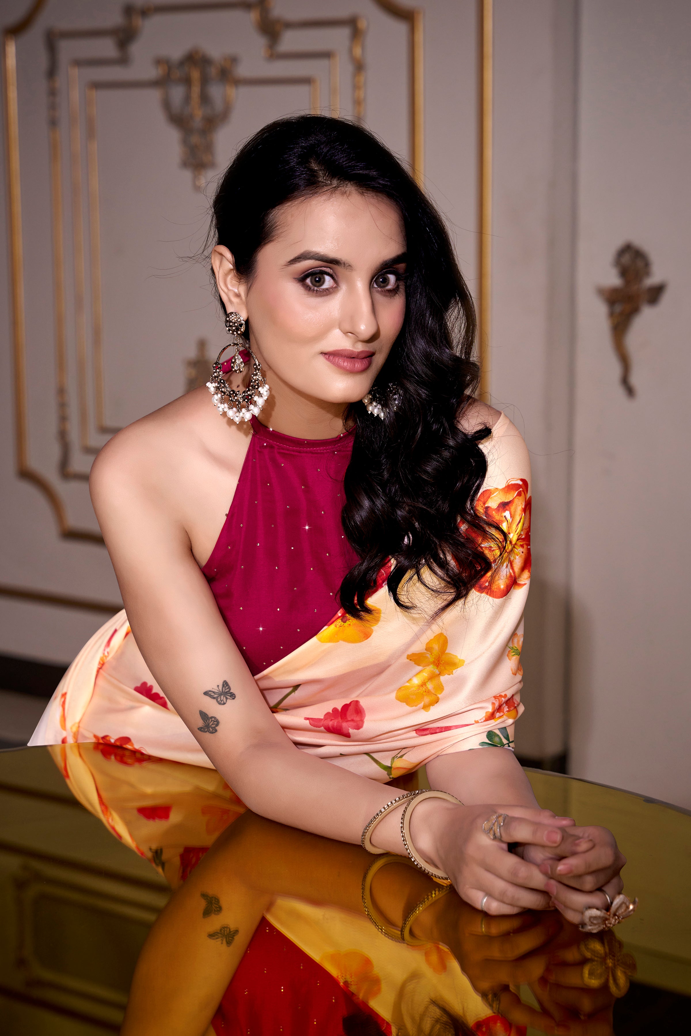 Cream Satin Silk Printed Saree