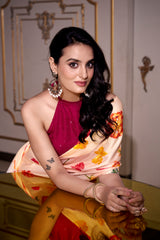 Cream Satin Silk Printed Saree