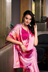 Light Pink Color Satin Silk Printed Saree
