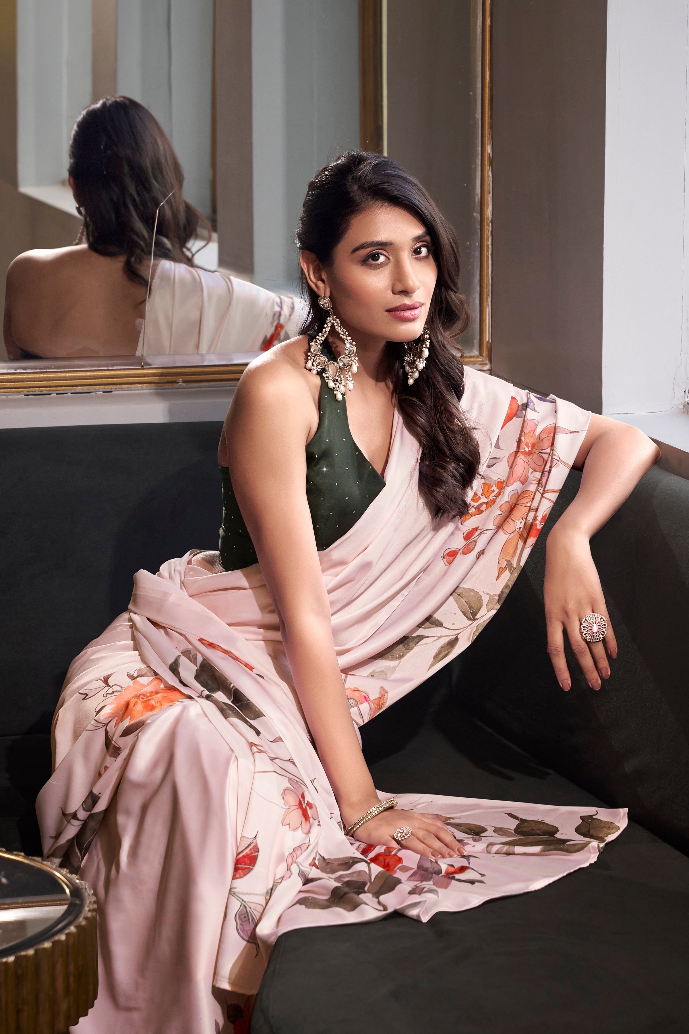 Off White Satin Silk Printed Saree
