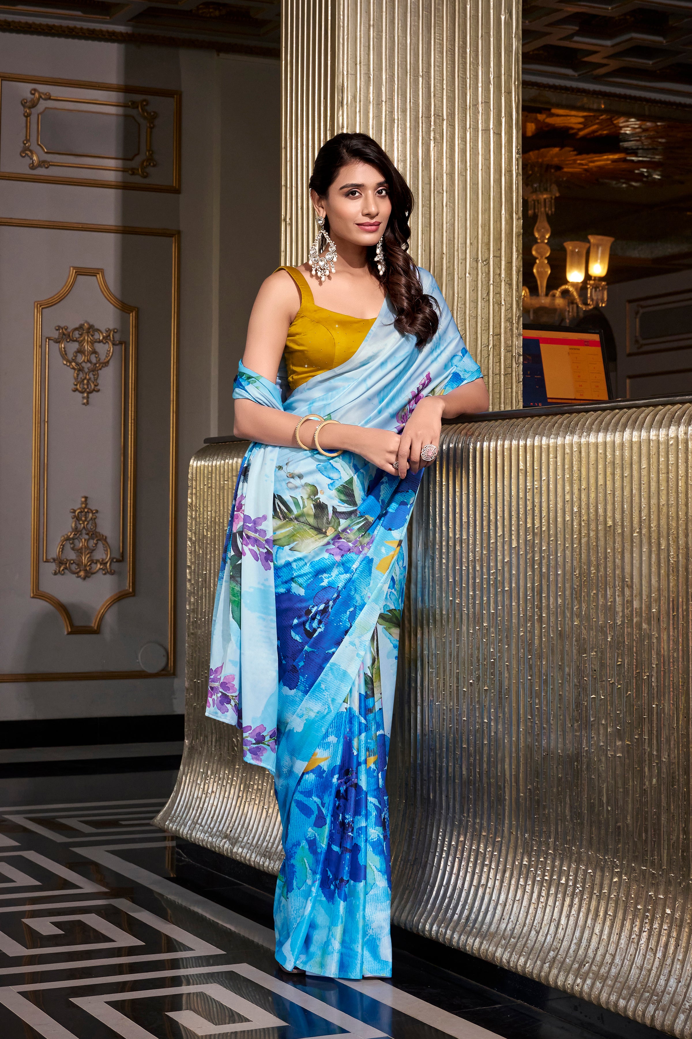 Sky Blue Satin Silk Printed Saree