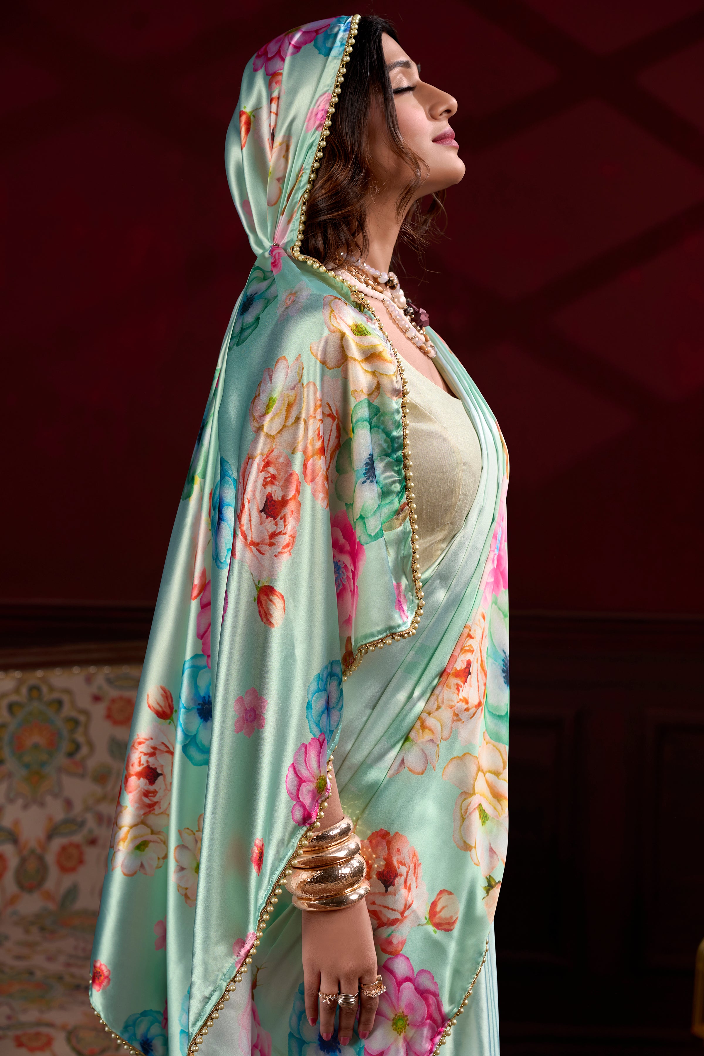 Digital Printed Satin Silk Saree