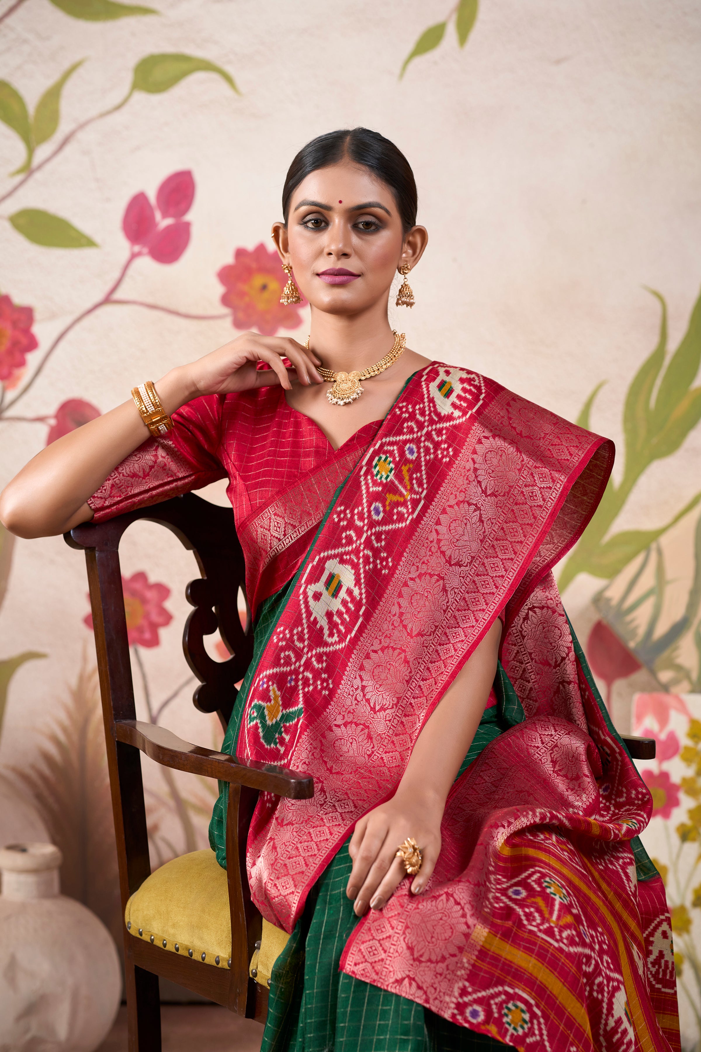 Green Tussar Chex Patola Print Saree