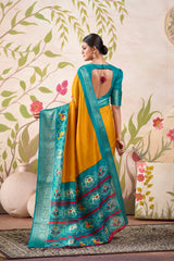 Mustard Tussar Chex Patola Print Saree