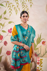 Mustard Tussar Chex Patola Print Saree