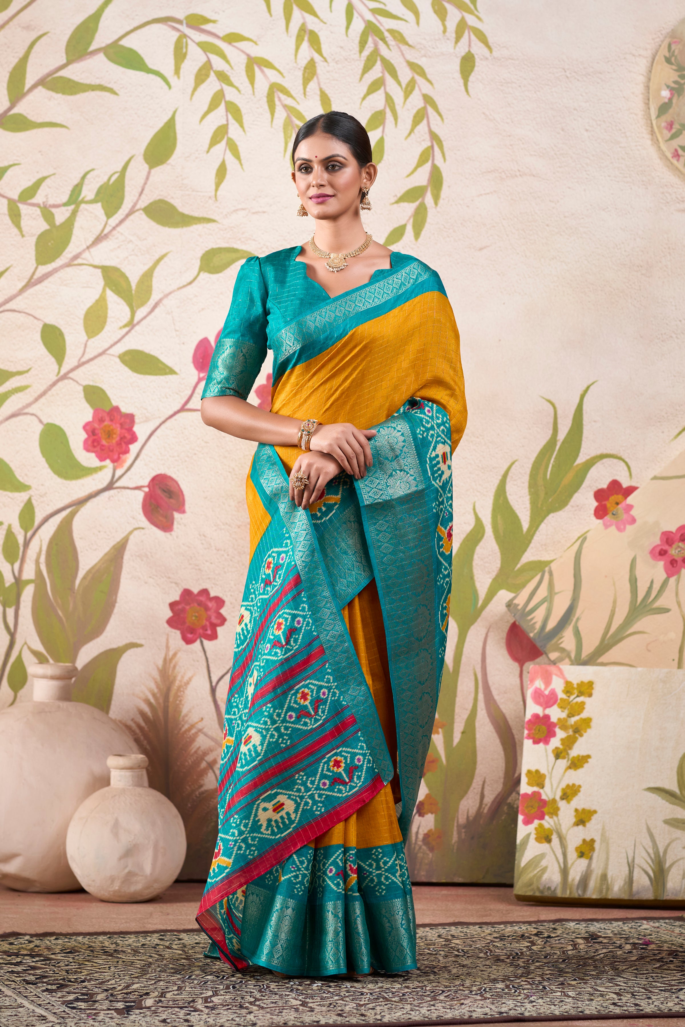 Mustard Tussar Chex Patola Print Saree