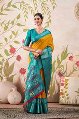 Mustard Tussar Chex Patola Print Saree