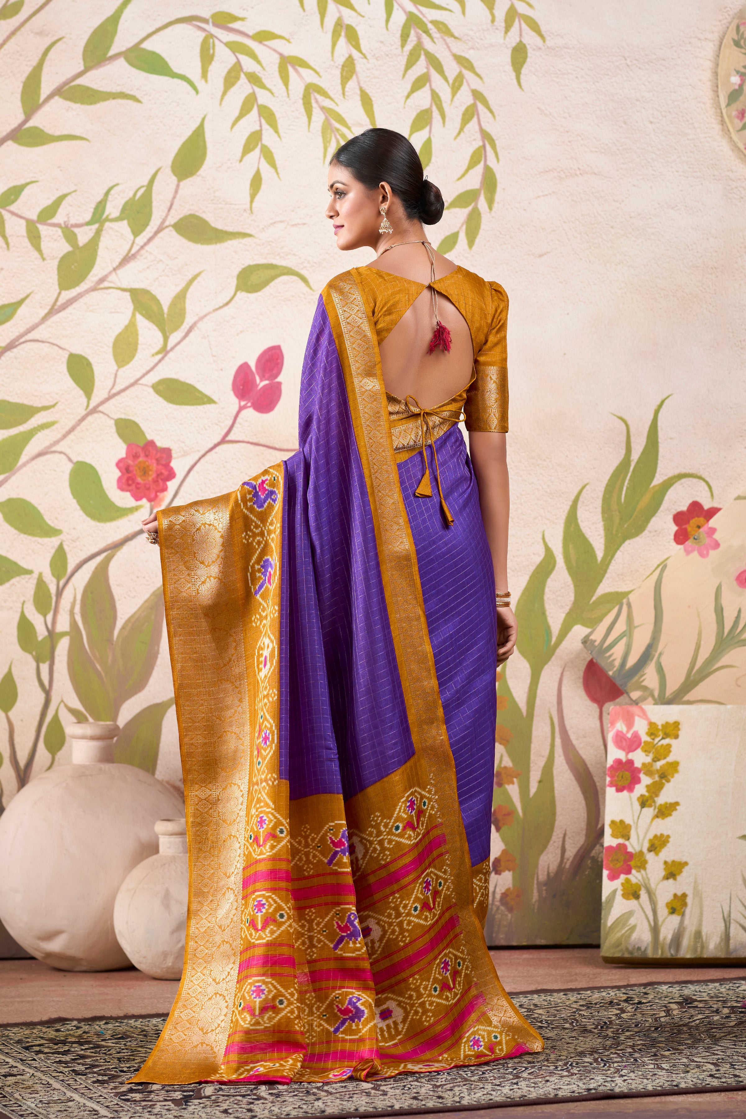 Purple Tussar Chex Patola Print  Saree