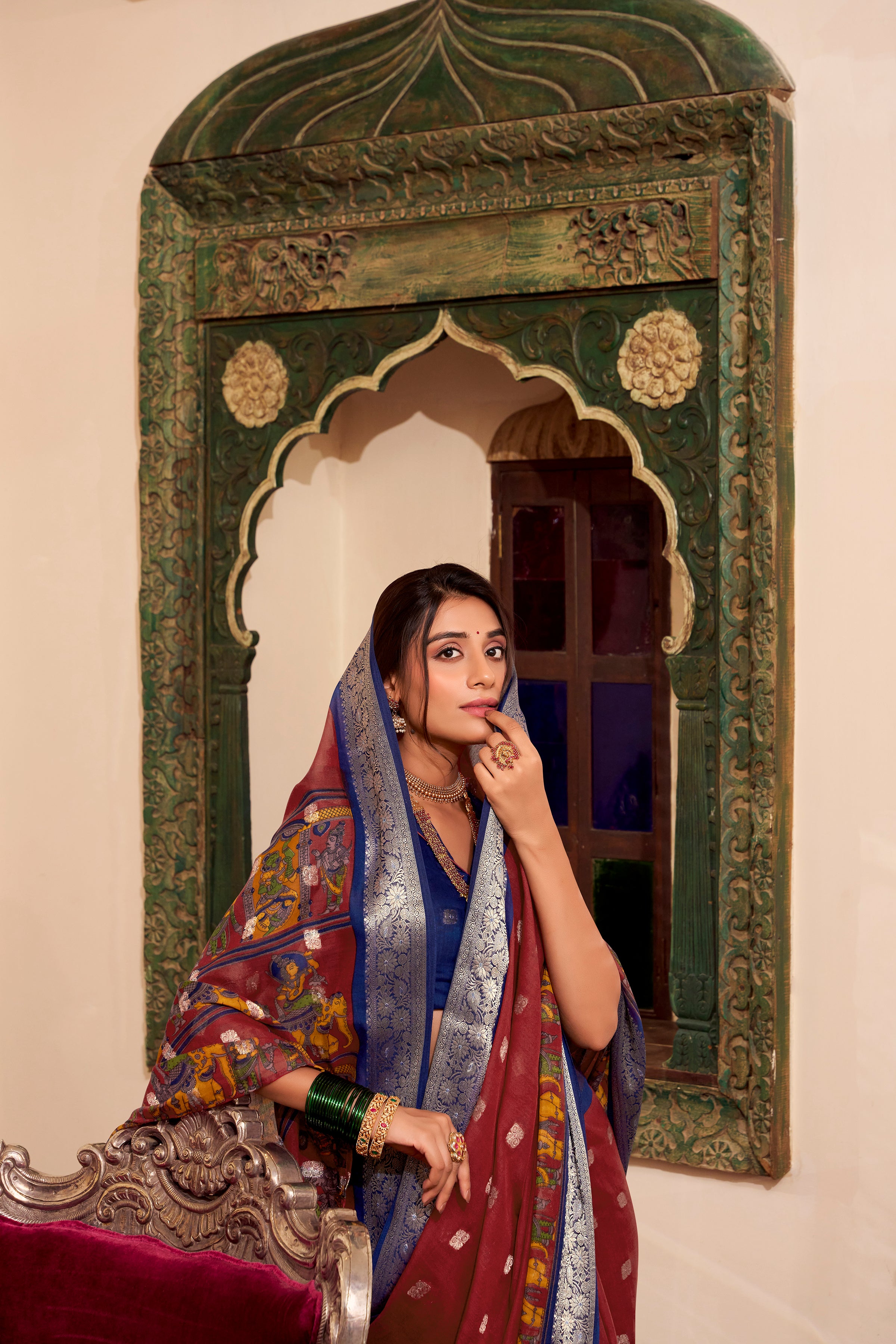Maroon Color Poly Cotton Kalamkari Print With Zari Work saree