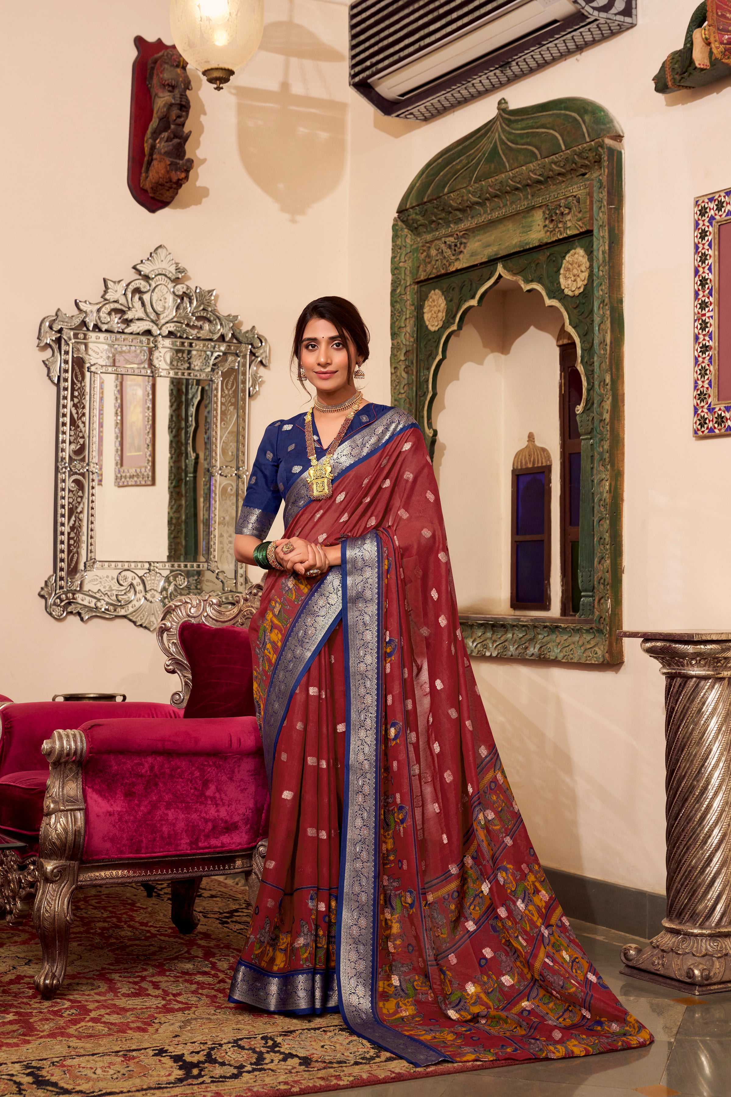 Maroon Color Poly Cotton Kalamkari Print With Zari Work saree