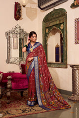 Maroon Color Poly Cotton Kalamkari Print With Zari Work saree