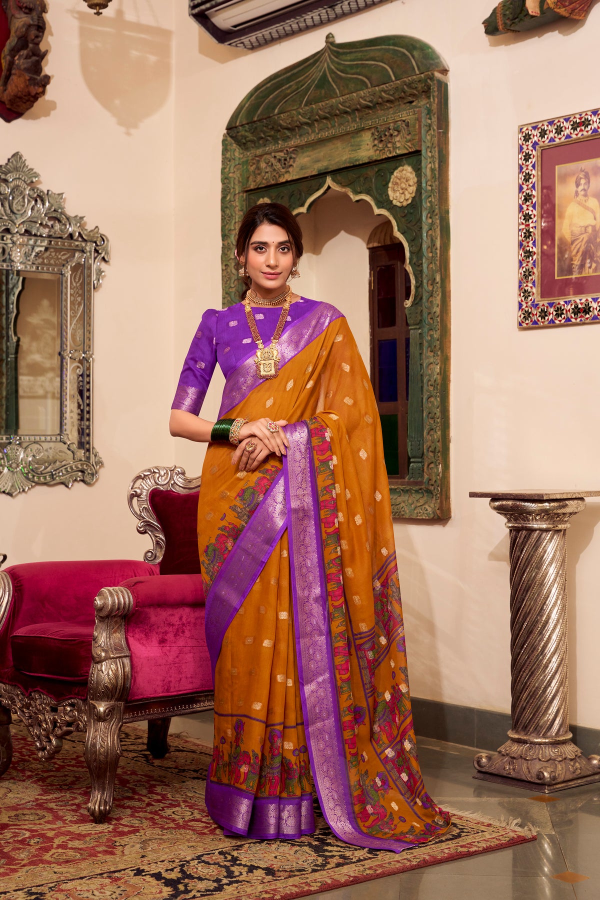 Mustard Yellow & Purple Poly Cotton Saree