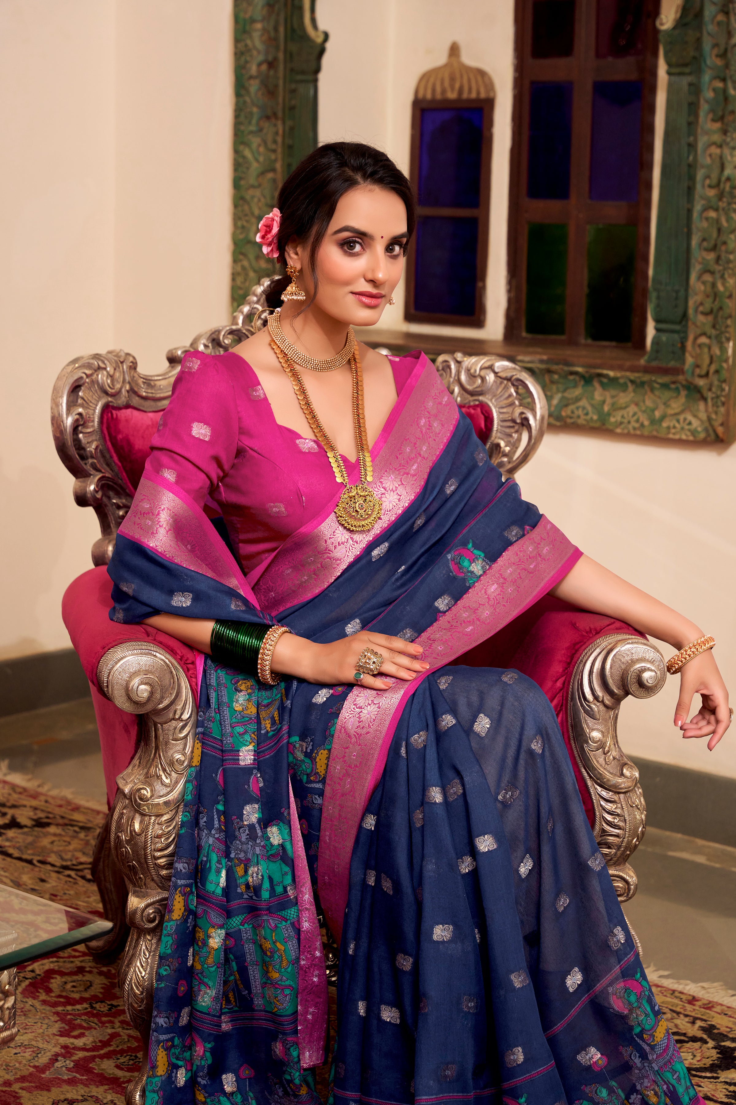 Magical Navy Blue Color Poly Cotton Kalamkari Print Saree