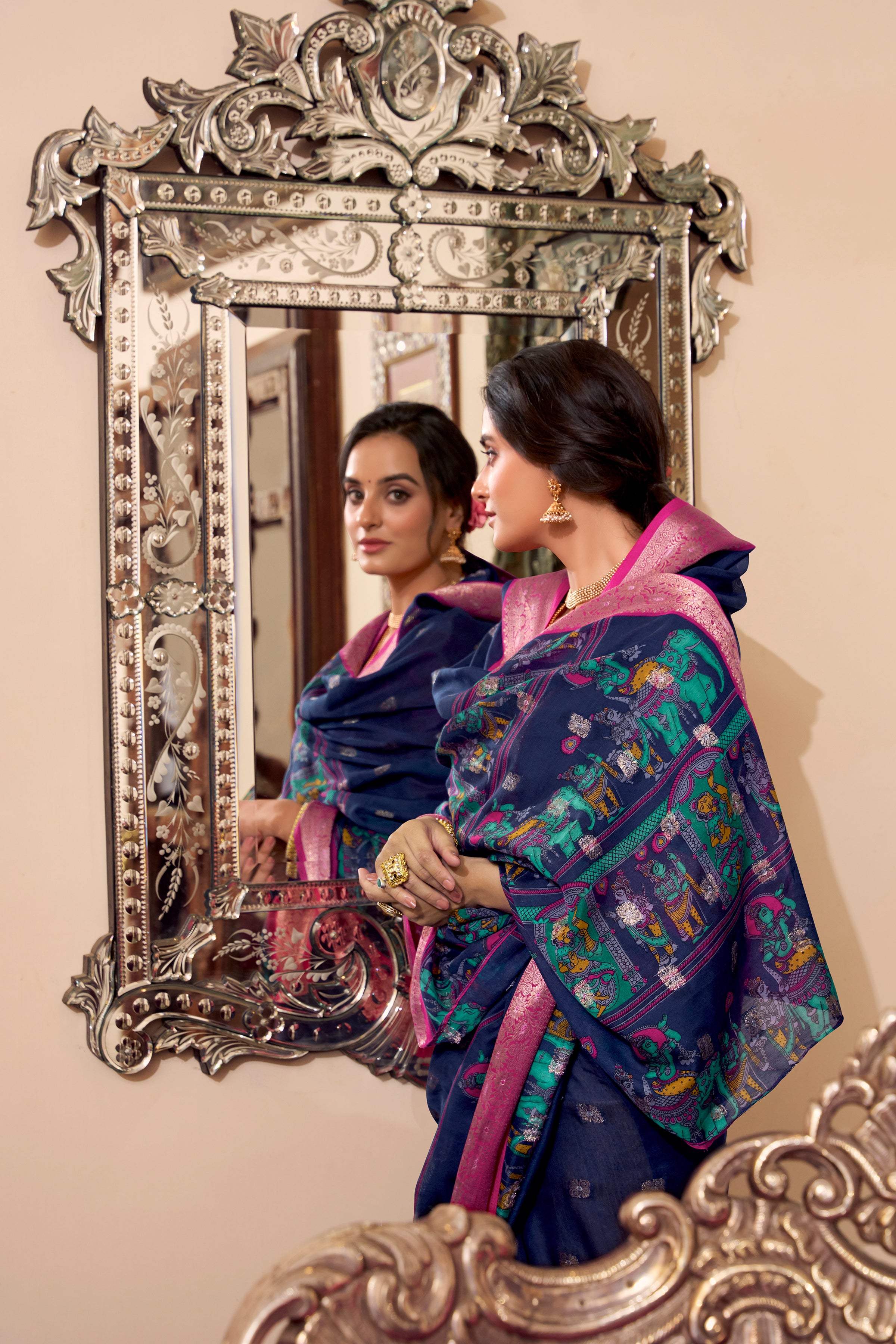 Magical Navy Blue Color Poly Cotton Kalamkari Print Saree