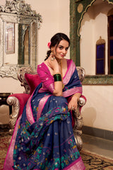 Magical Navy Blue Color Poly Cotton Kalamkari Print Saree