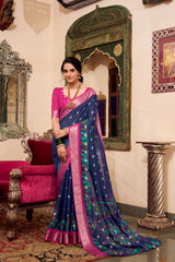 Magical Navy Blue Color Poly Cotton Kalamkari Print Saree