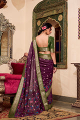 Wine Poly Cotton Kalamkari Print Saree