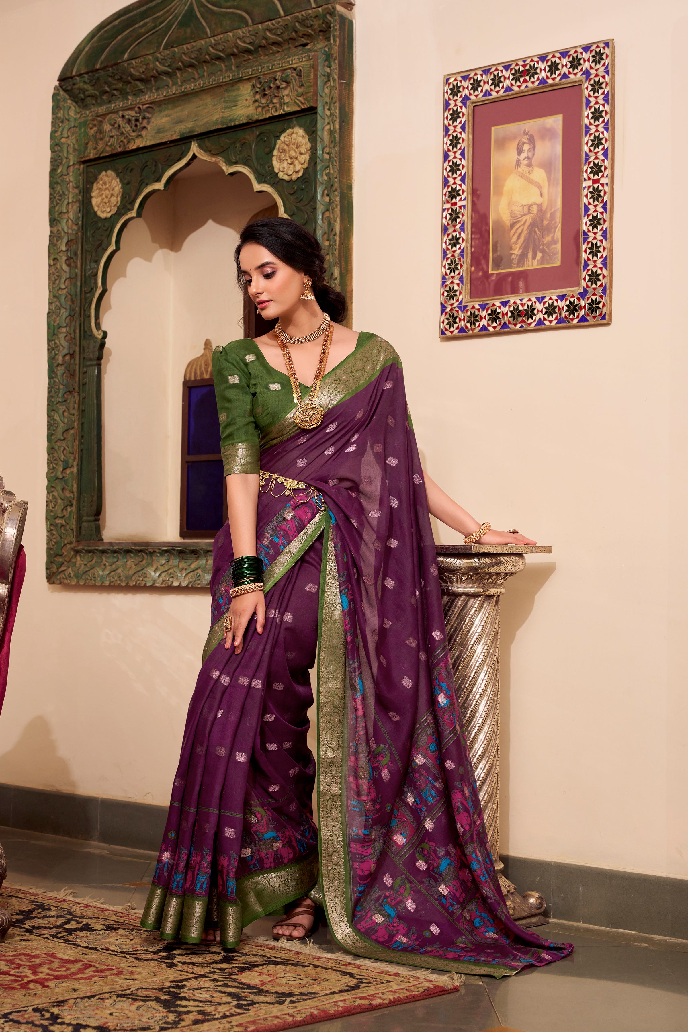 Wine Poly Cotton Kalamkari Print Saree