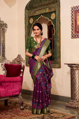 Wine Poly Cotton Kalamkari Print Saree