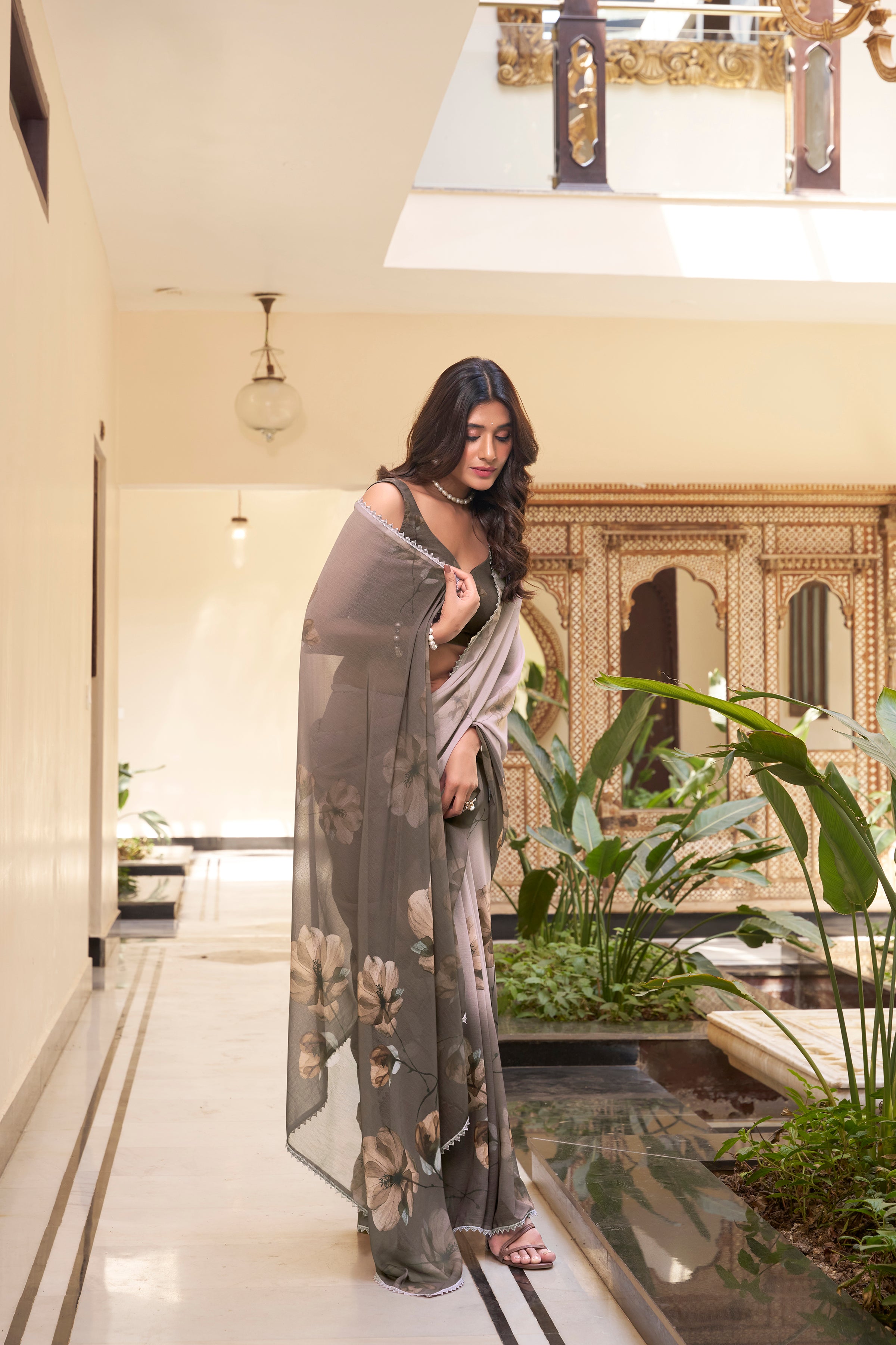 Brown Floral Gotta Patti Pure Georgette Tussar Saree
