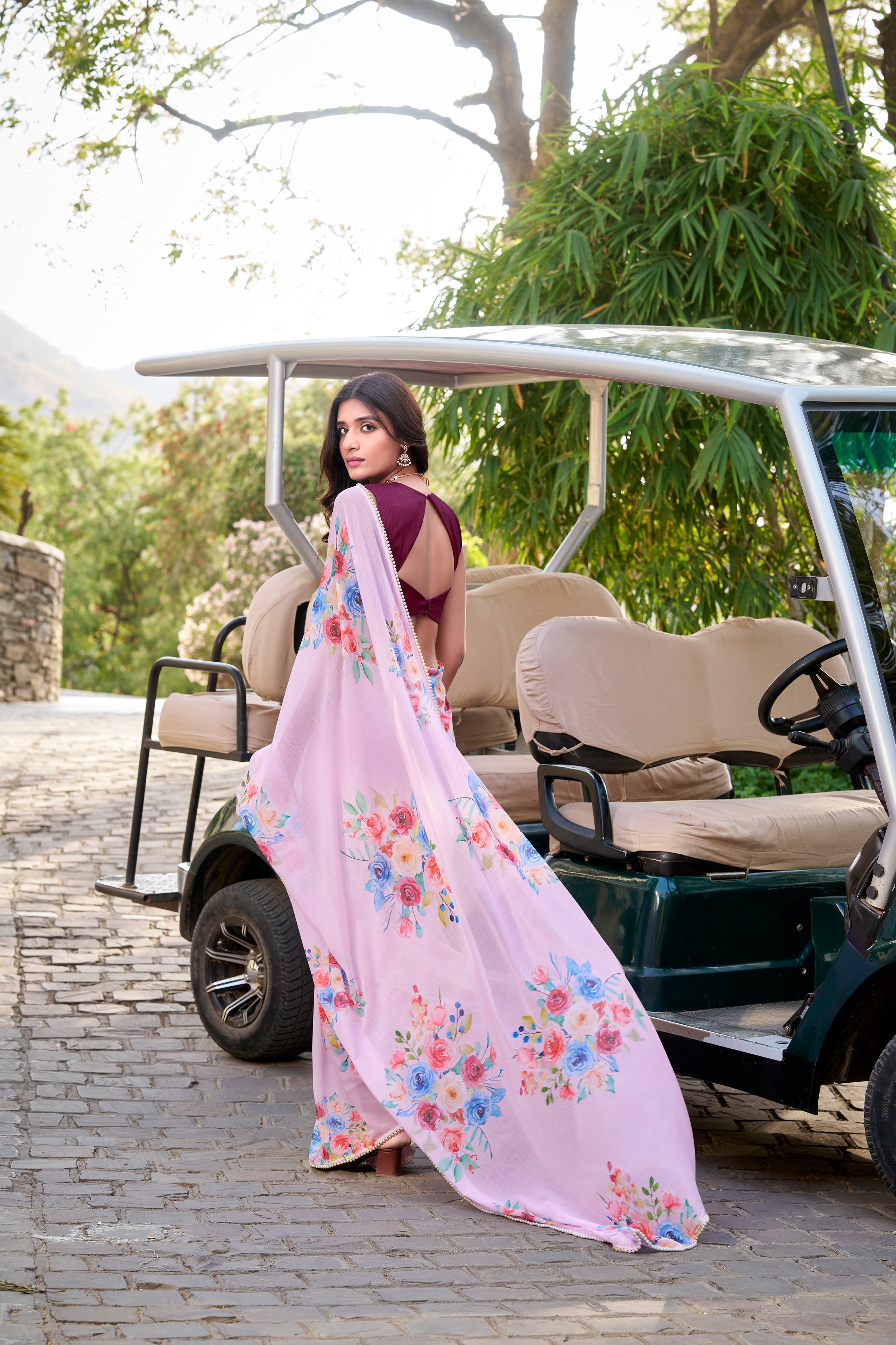 Lovely Light Pink Floral Printed Crepe Casual Wear Saree