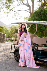 Lovely Light Pink Floral Printed Crepe Casual Wear Saree