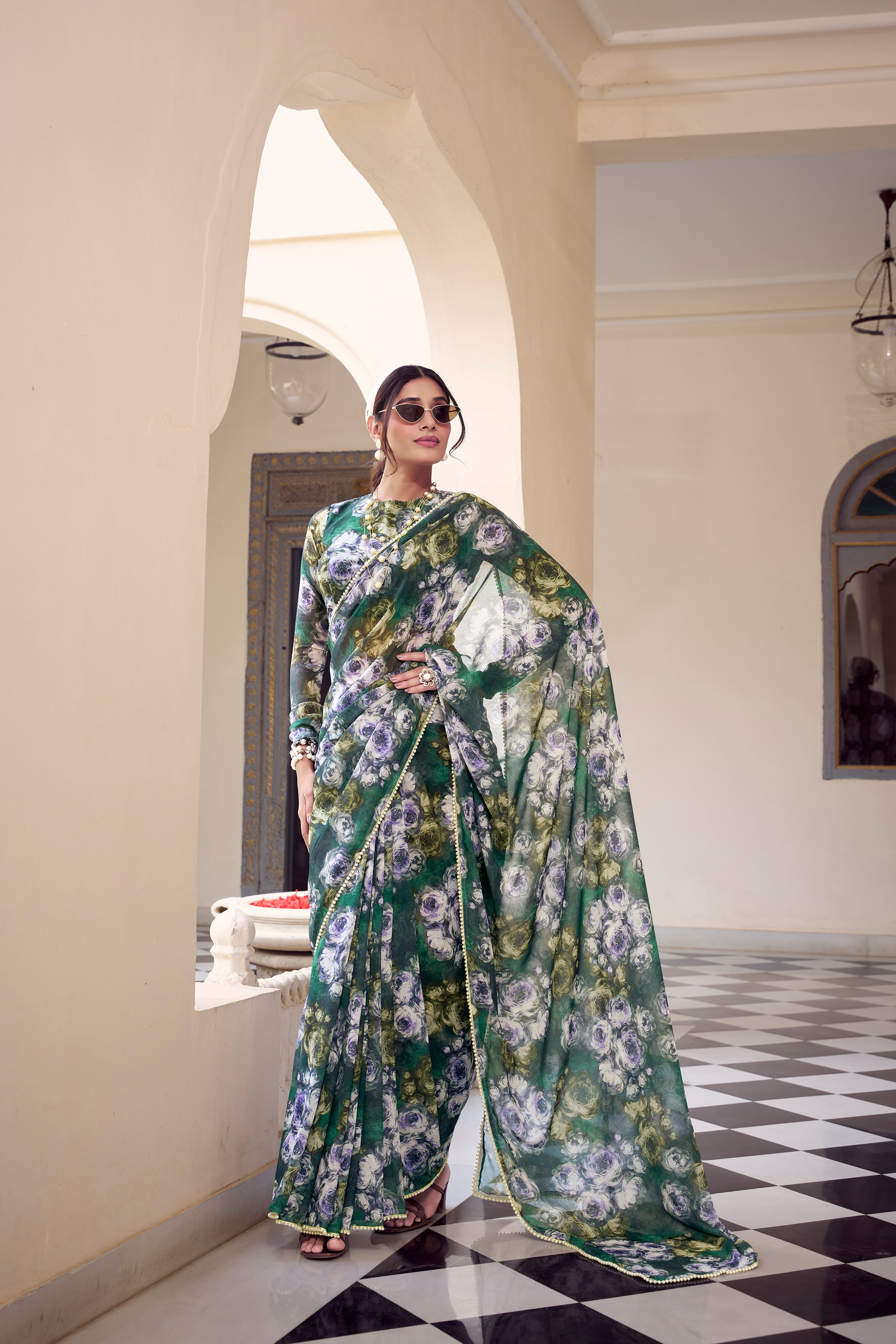 Green Floral Printed Weightless Saree