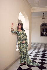 Mehendi Floral Printed Weightless Marble Saree