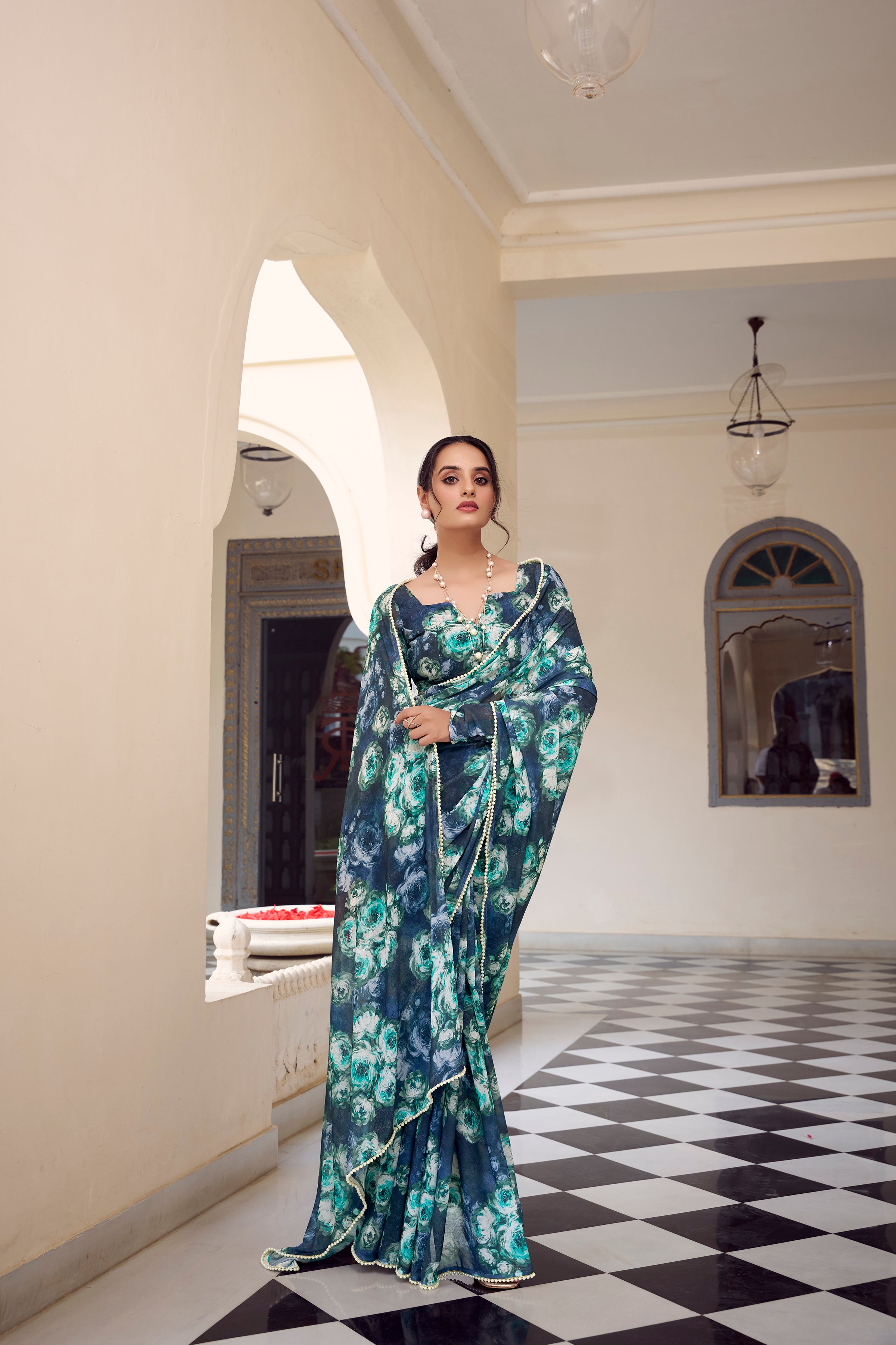 Navy Blue Color Weightless Marble Printed Saree