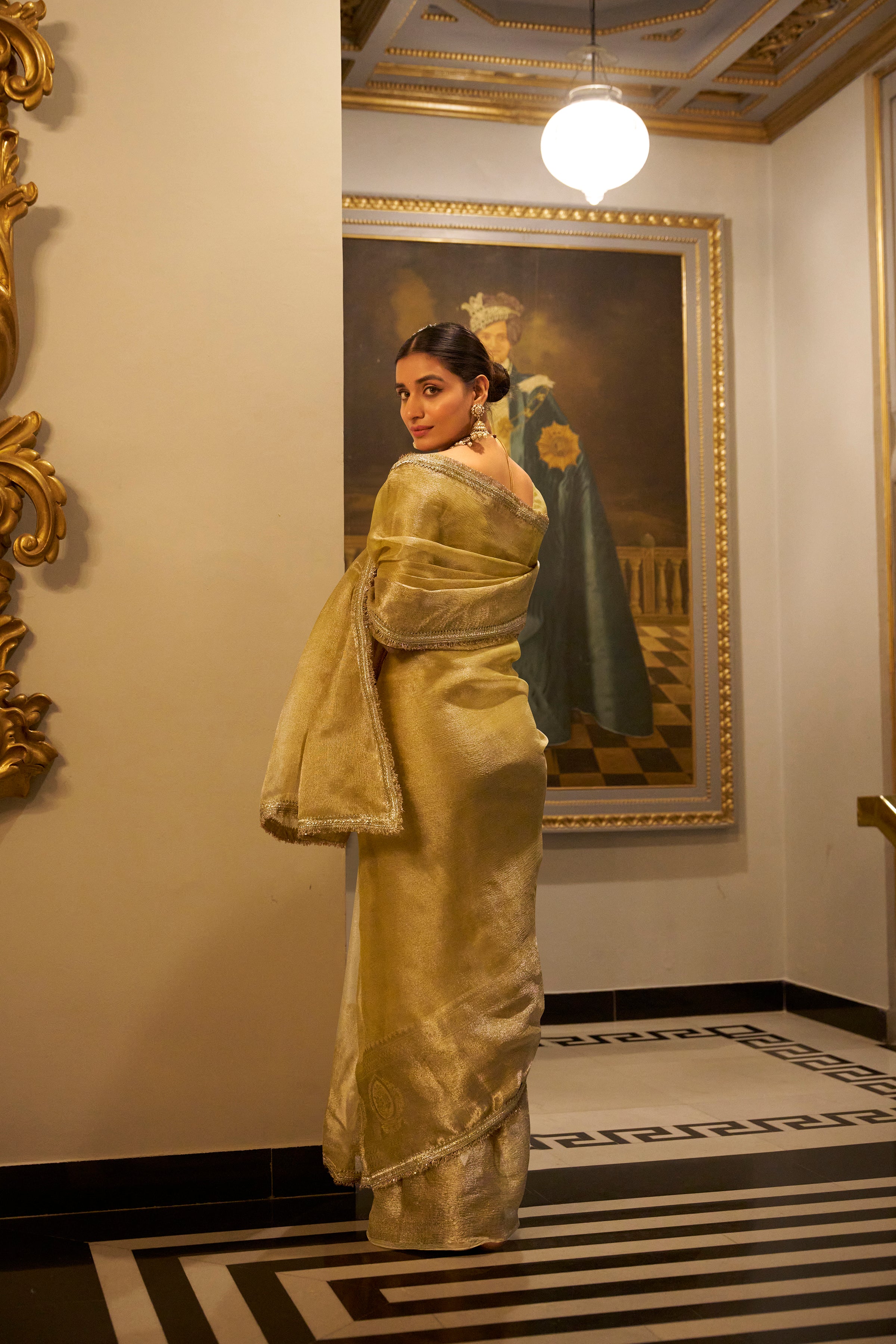 Golden Zari Weaving Tissue Silk Traditional Saree