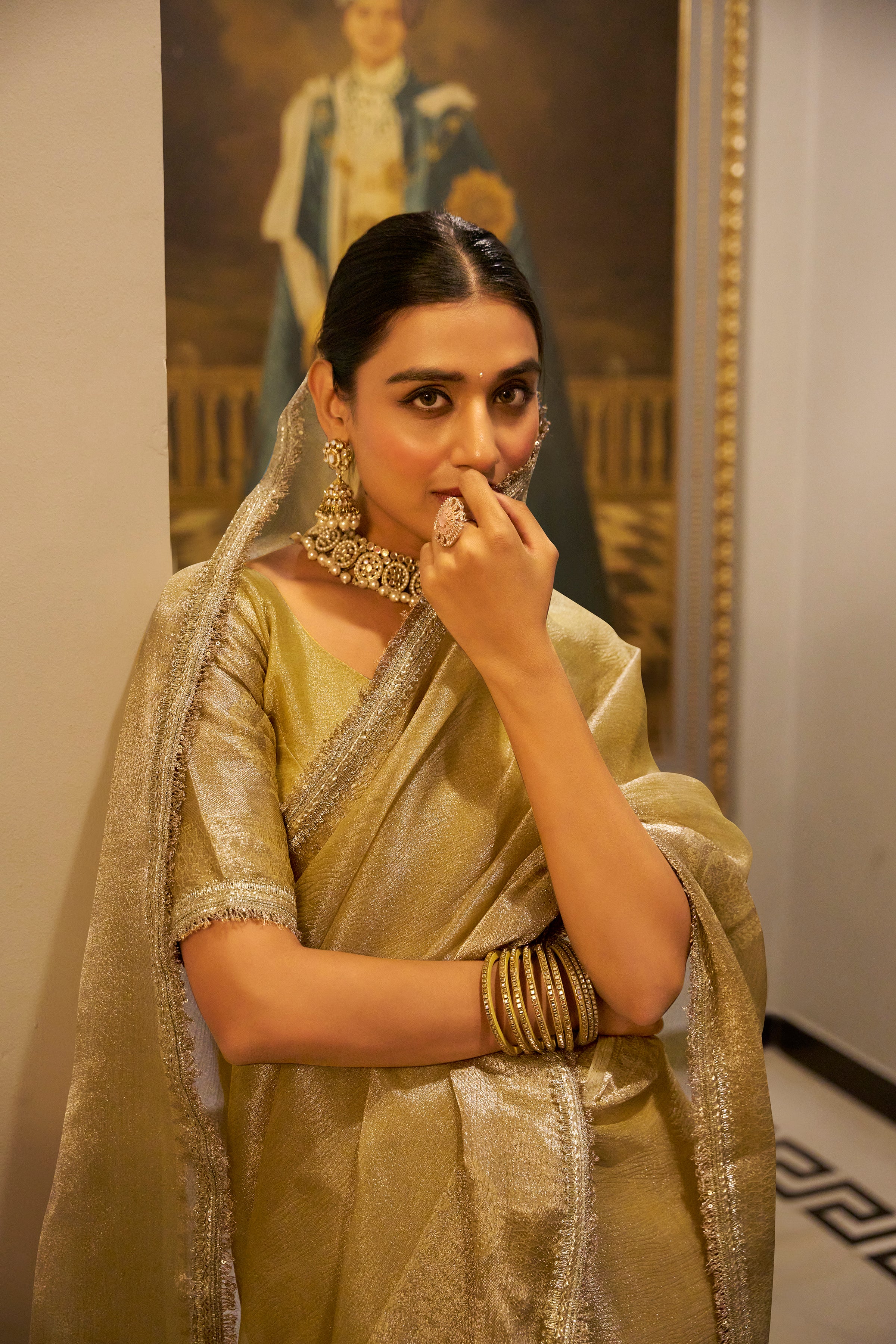 Golden Zari Weaving Tissue Silk Traditional Saree