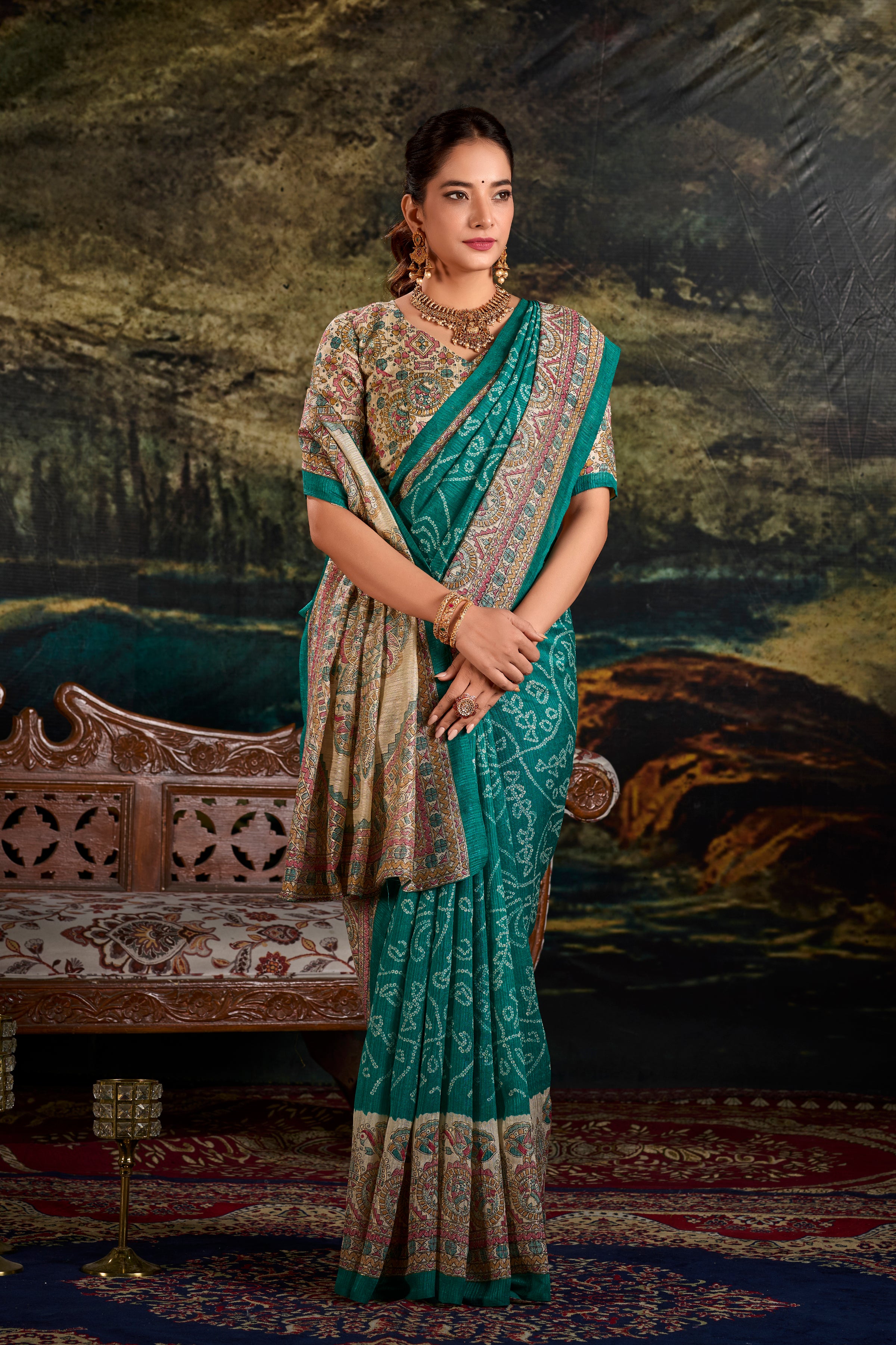 Green silk madhubani & bandhej fusion print saree