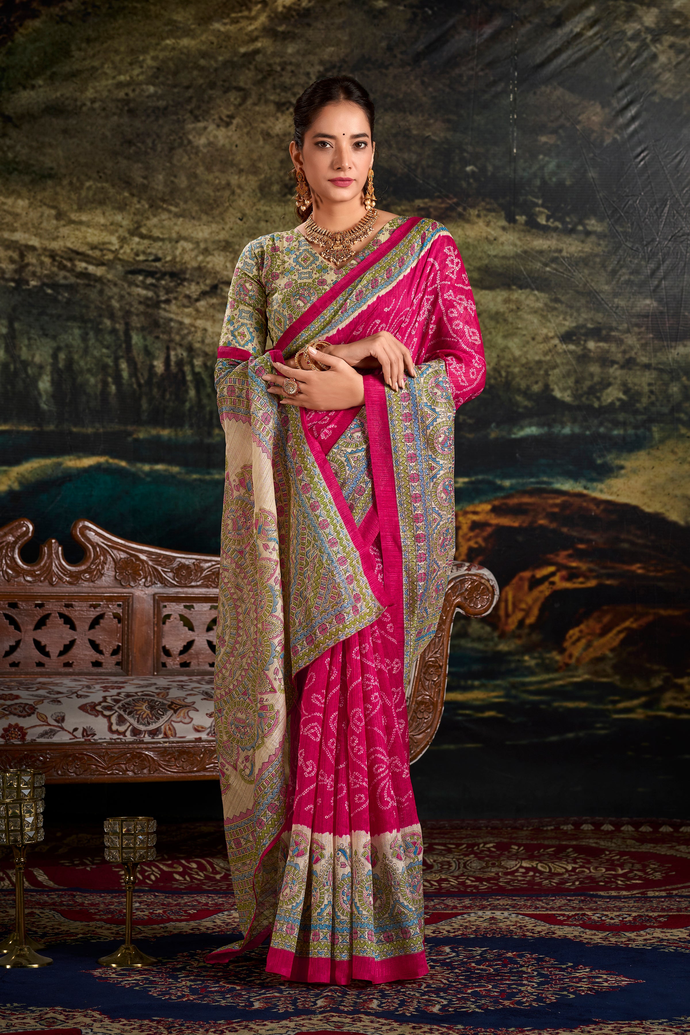Pink Fusion of Madhubani and Bandhej Silk Saree