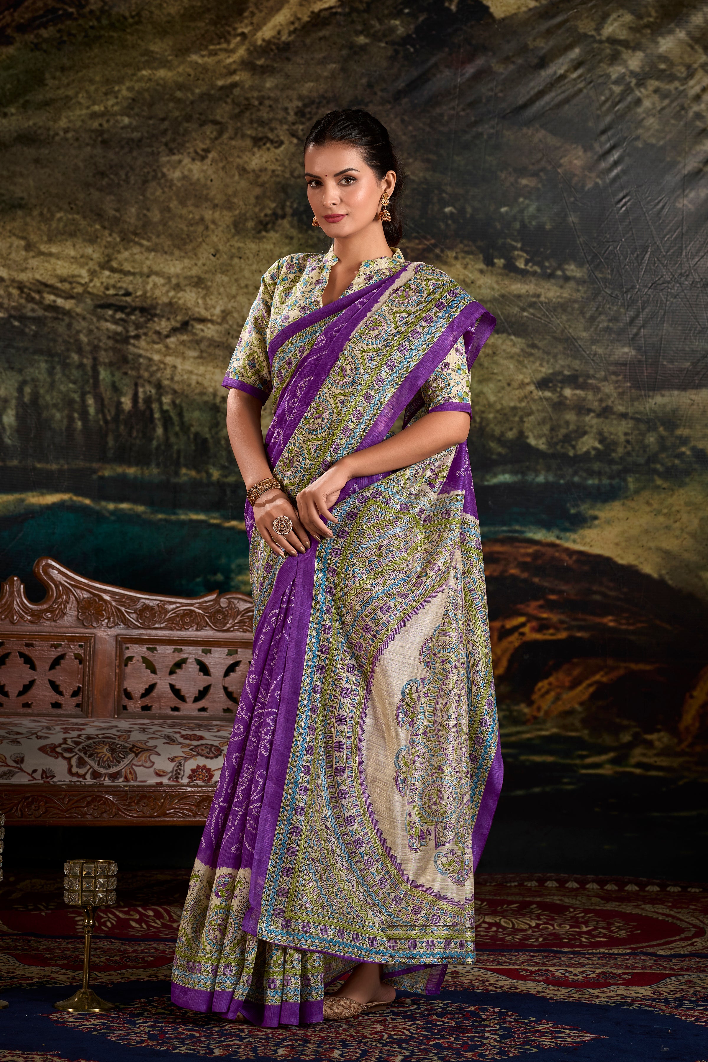 Bandhej Printed Art Silk Saree in Purple