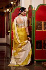 Yellow Elegant Jacquard Chex Saree with Zari Weaving Work