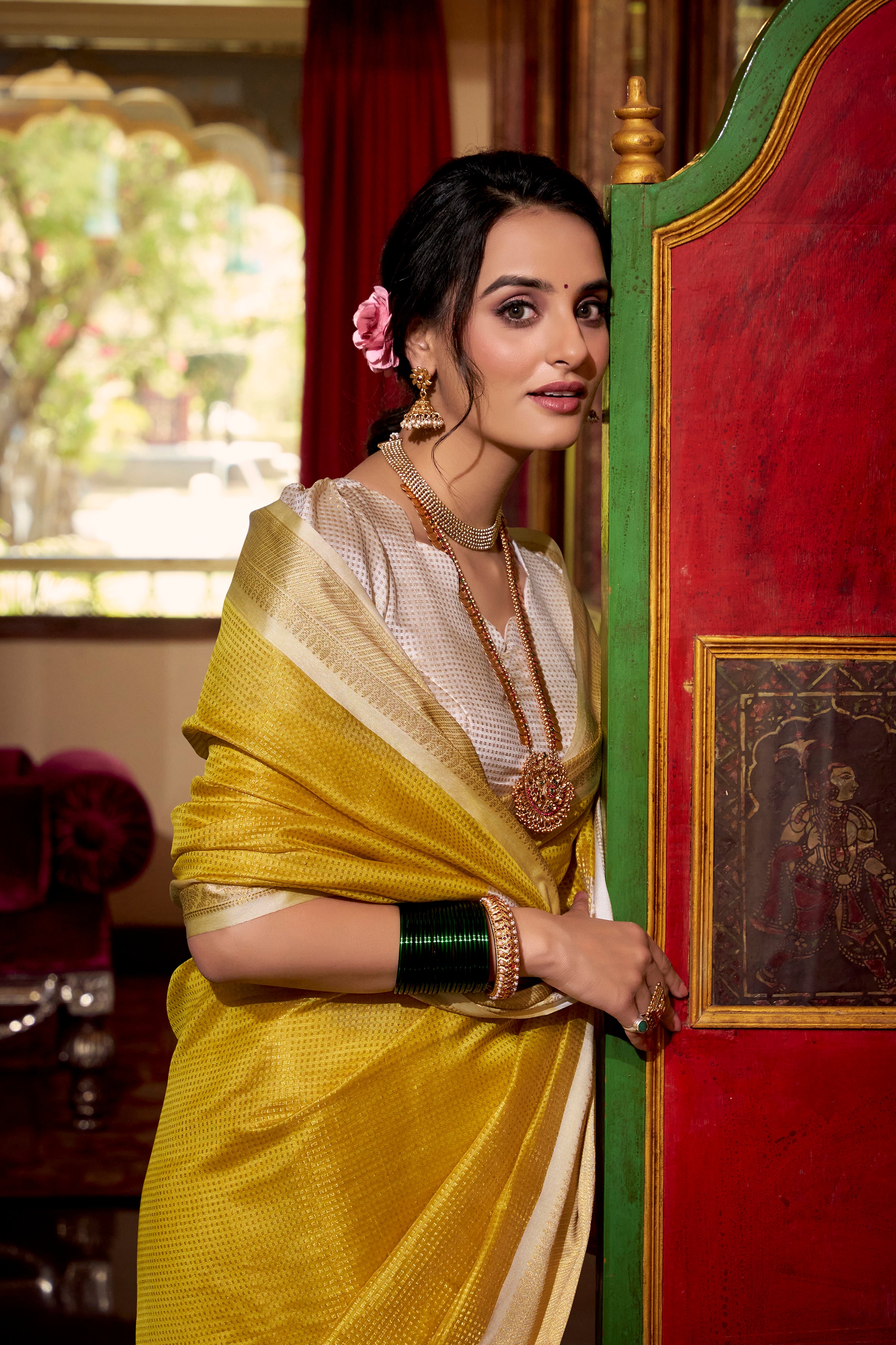 Yellow Elegant Jacquard Chex Saree with Zari Weaving Work
