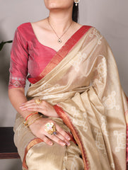 Cream Pure Jacquard Silk Printed With Zari Weaving Work Saree