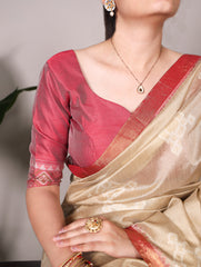 Cream Pure Jacquard Silk Printed With Zari Weaving Work Saree