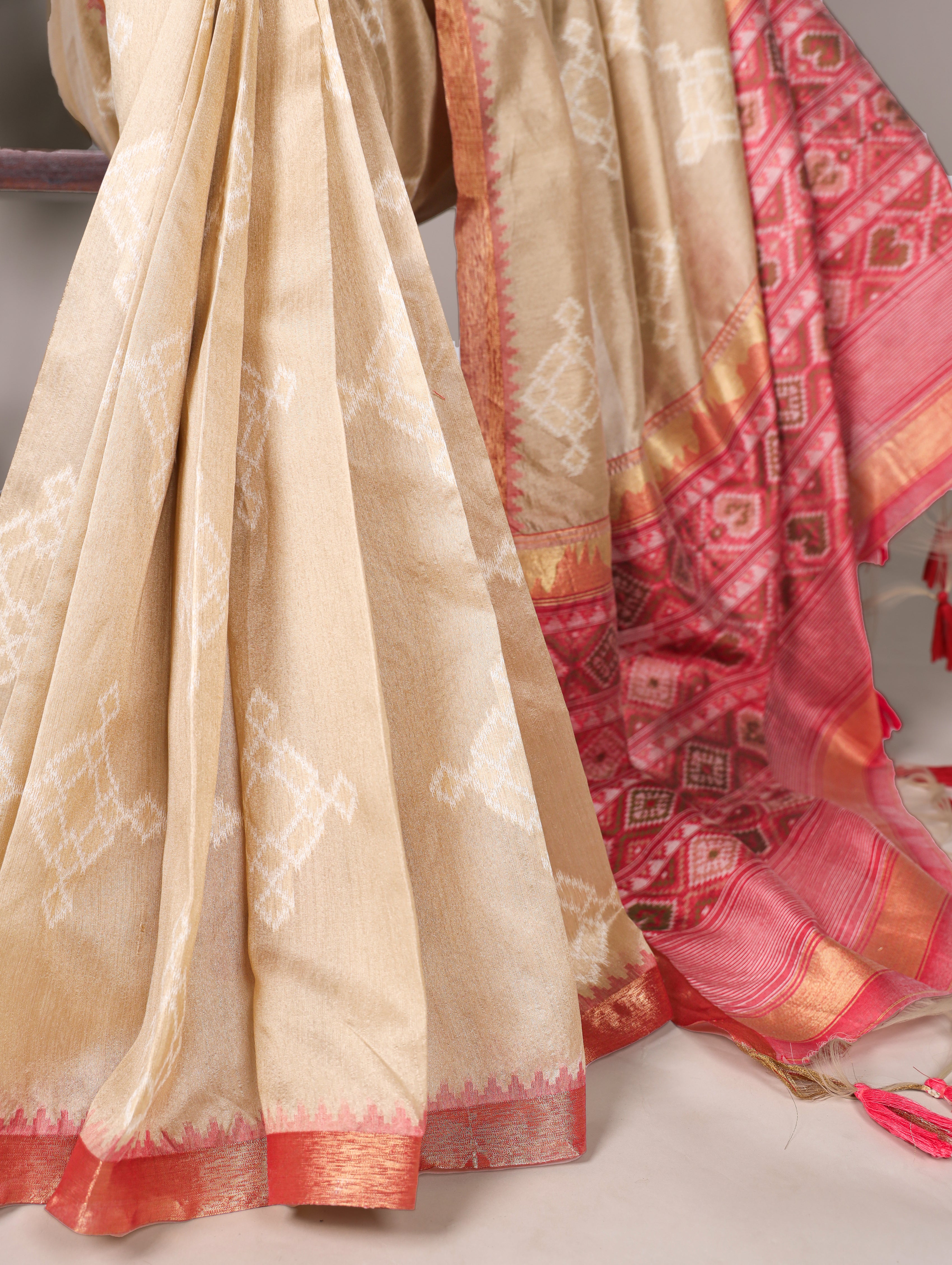 Cream Pure Jacquard Silk Printed With Zari Weaving Work Saree