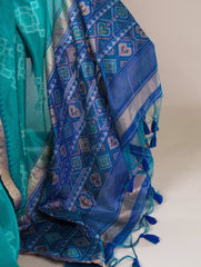 Teal Pure Jacquard Silk Printed With Zari Weaving Work Saree