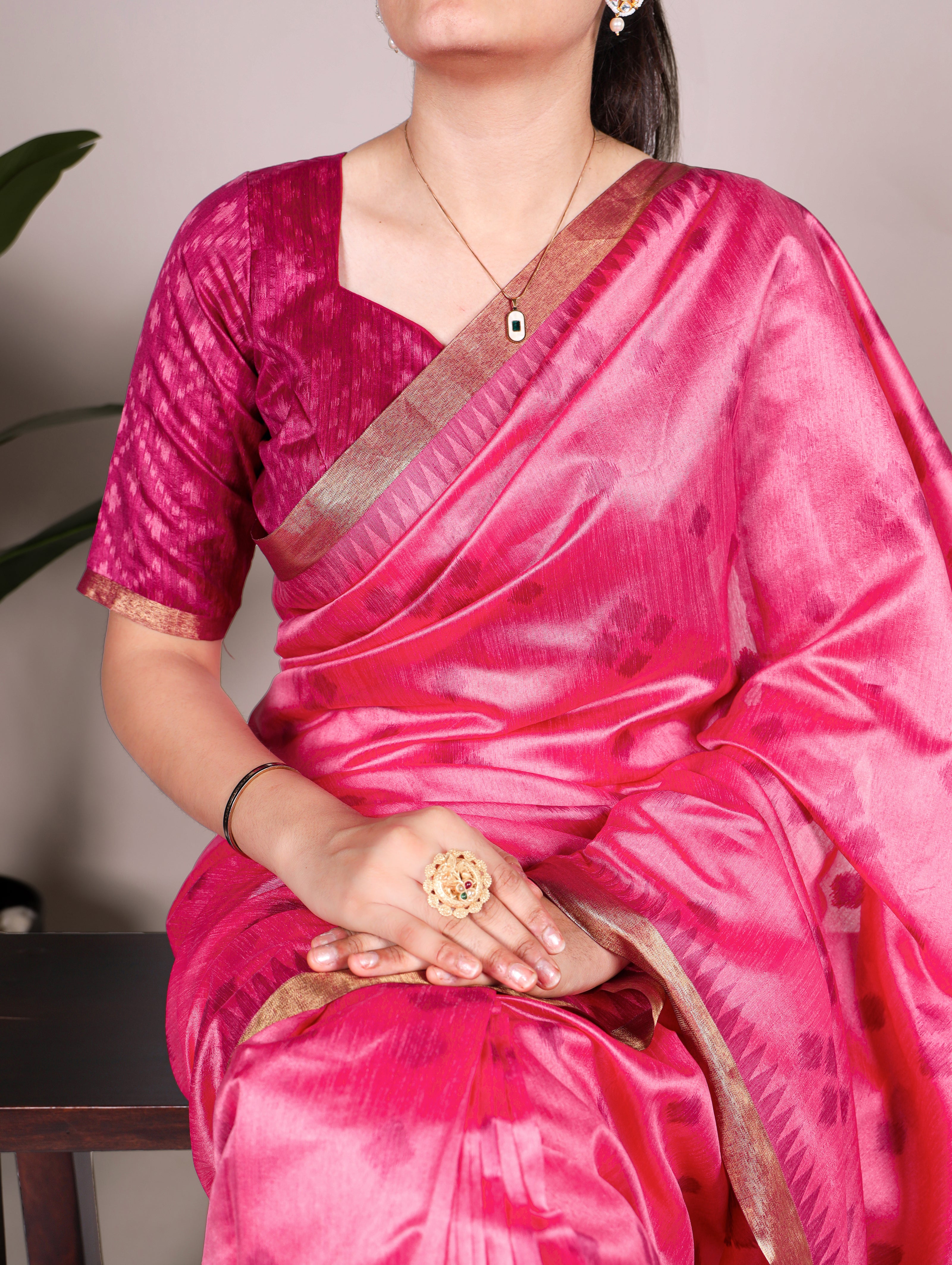 Pink Pure Jacquard Silk Patola Print With Zari Weaving Work Saree