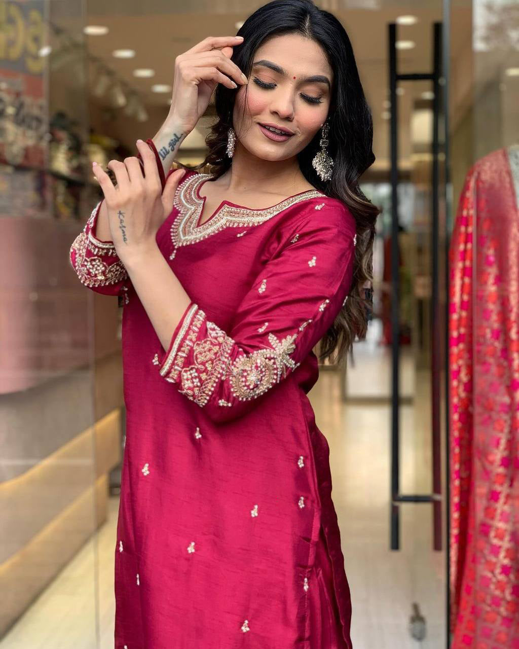"Rich Maroon Embroidered Suit with Banarasi Dupatta – Timeless Festive Elegance"